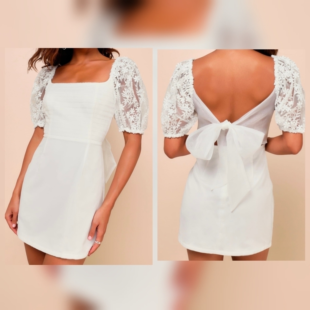 Lulus Charming Potential White Organza Backless Puff Sleeve Mini Dress, Large